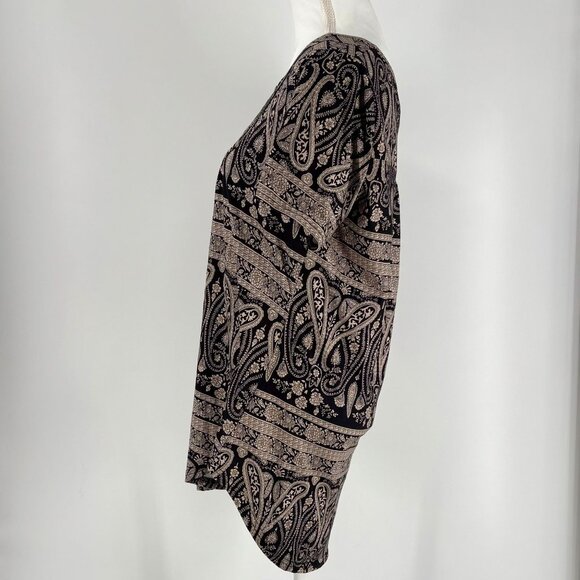 Halife Womens Short-Sleeve Paisley Print Boho Tunic Top Black & Beige Size L - Picture 2 of 8